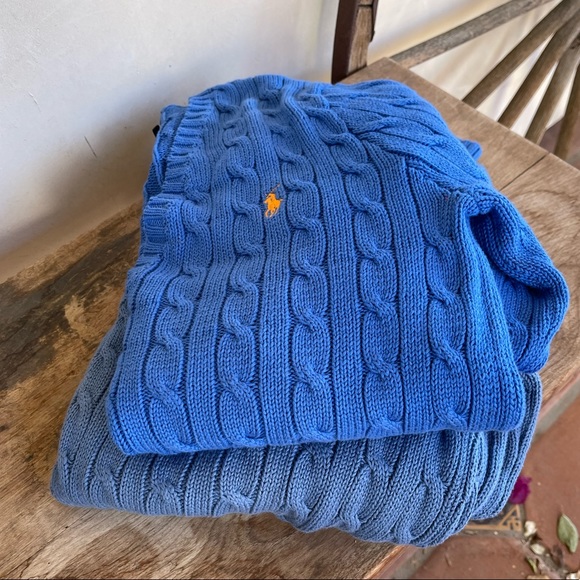 RALPH LAUREN Blue Cable Knit V-Neck Sweater Embroidered Orange Polo Pony XL NEW! - Picture 2 of 10